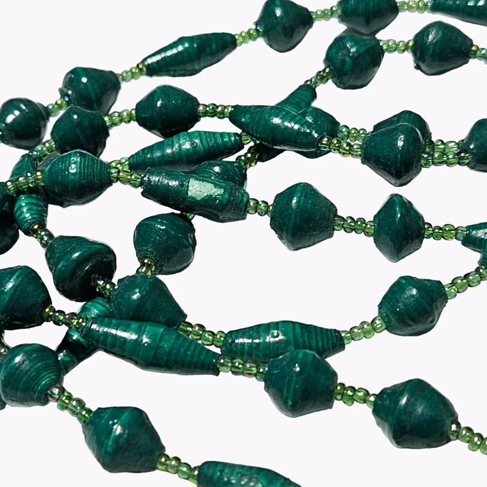 Handmade Retro Green Beaded Long Necklace Paper Beads One or Two Strand 60s Fash